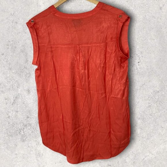 Papillon Orange V-Neck Short Sleeve Blouse Size Large Button Shoulder Top Boho L - Picture 2 of 8